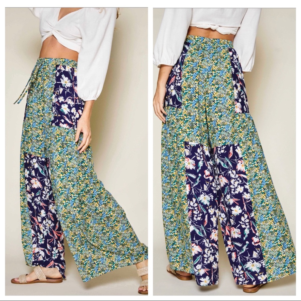 ShopEvelynne Floral Wide Leg Pants - Blue and Green